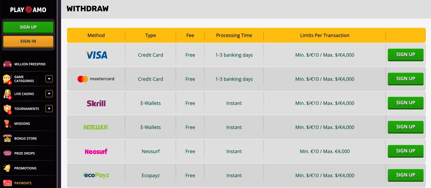 playamo casino withdrawal methods